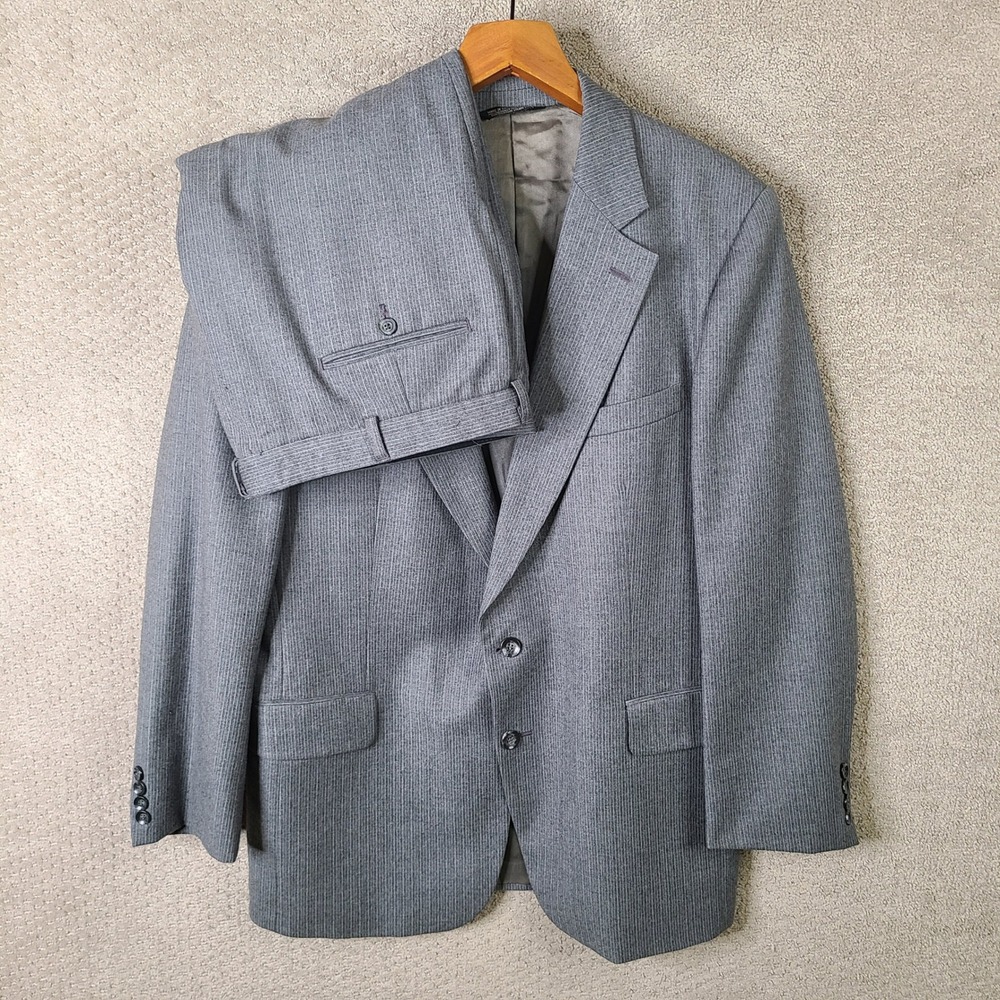 Vintage John Alexander Suit Mens 43R Gray Striped Wool 2 Piece Pants‎ 38x29